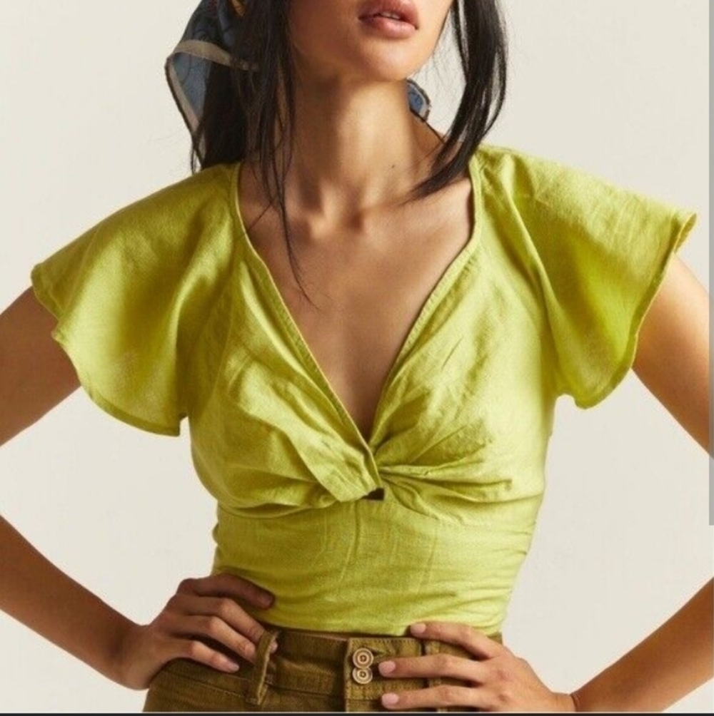 Anthropologie Linen Blend Twist Front Smocked Waist Deep V Plunge Neckline Crop